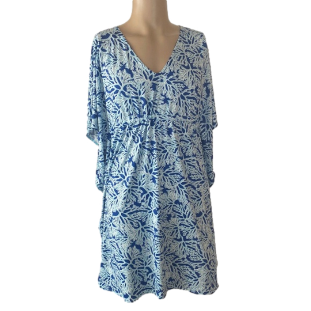 Blue Ruffled Tiered Sundress with Dolman Sleeves and V-Neckline